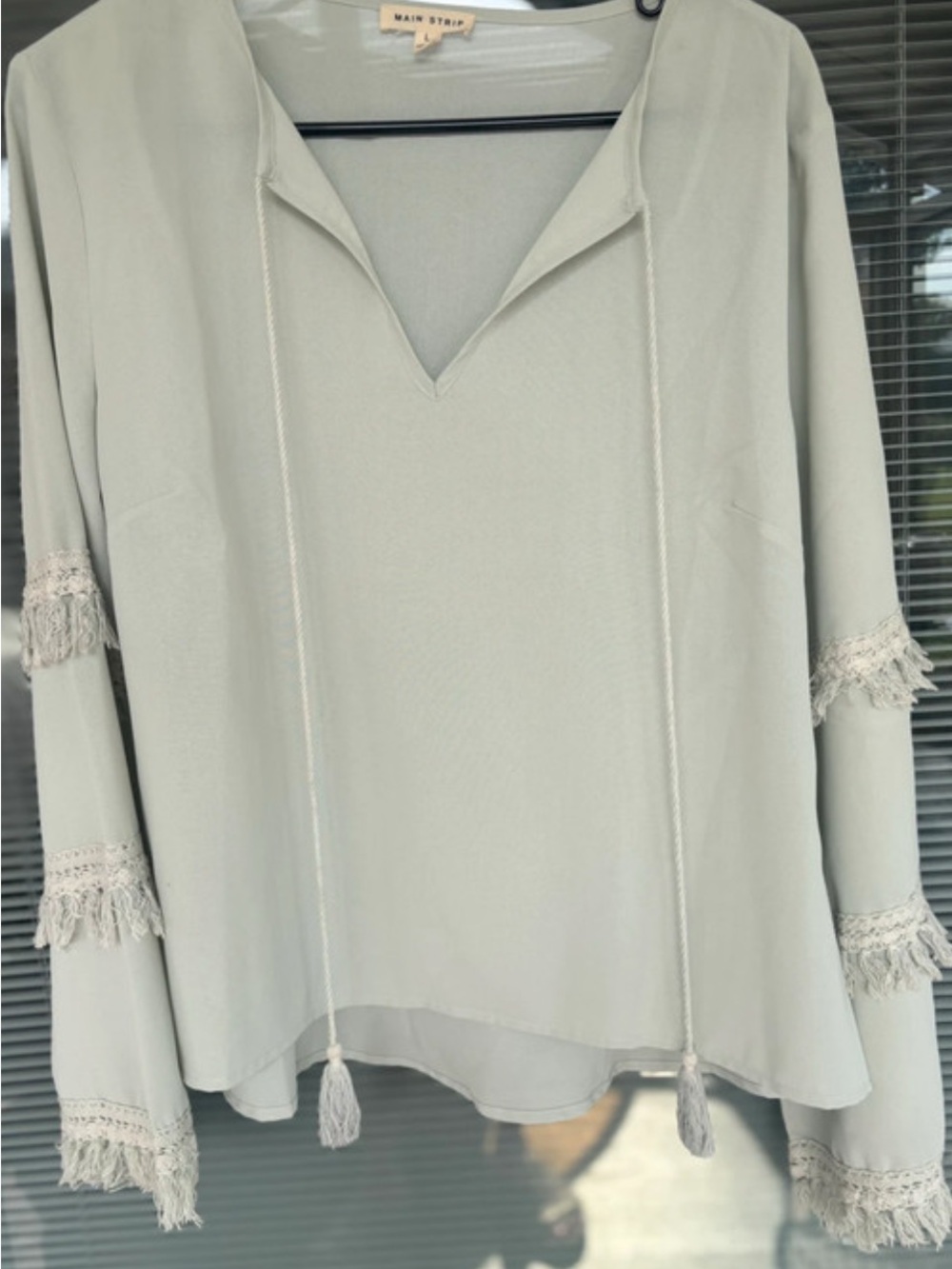 Main Strip Light Sage Tassel-Trim V-Neck Tunic